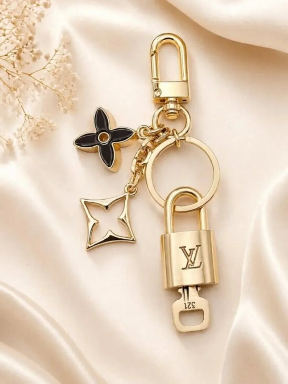 Louis Vuitton Gold Padlock Key 🔒 Authentic LV Charm + Unbranded Flower Keychain